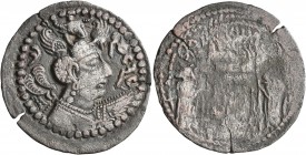 HUNNIC TRIBES, Nezak Huns. Drachm (Billon, 26 mm, 2.86 g, 3 h), late style, circa 600-650. NYCKY MLKA ('Nezak King' in Pahlawi) Bust to right, wearing...