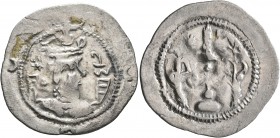 HUNNIC TRIBES, Uncertain. Drachm (Silver, 30 mm, 3.11 g, 9 h), circa 7th-8th centuries. Crowned and draped Sasanian-style bust to right. Rev. Sasanian...