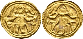 LOCAL ISSUES, Silk Road Region. Circa 5th-8th centuries. Bracteate (Gold, 24 mm, 0.71 g, 12 h). Draped and crowned figure seated facing on backless th...