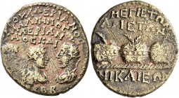 BITHYNIA. Nicaea. Valerian I, with Gallienus and Valerian II Caesar, 253-260. Tetrassarion (Orichalcum, 26 mm, 8.43 g, 1 h), 256-258. AYT OYAΛEPIANOC ...