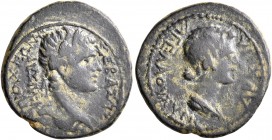 CARIA. Antiochia ad Maeandrum. Augustus, with Julia Augusta (Livia), 27 BC-AD 14. Hemiassarion (Bronze, 18 mm, 3.28 g, 11 h), Agelaos, chairperson of ...