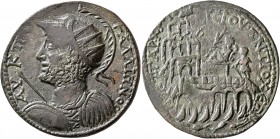 CARIA. Antiochia ad Maeandrum. Gallienus, 253-268. Hexassarion (Bronze, 35 mm, 19.56 g, 6 h), Aphrodisias, archon. AY K ΠΟ ΓAΛΛIHNOC Radiate, helmeted...