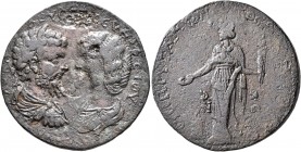 CARIA. Stratonicaea. Septimius Severus, with Julia Domna, 193-211. Hexassarion (Bronze, 34 mm, 18.15 g, 1 h), Leon, son of Alkaios, magistrate. AY KAI...