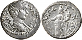 PHRYGIA. Laodicea ad Lycum. Caracalla, 198-217. Assarion (Orichalcum, 19 mm, 3.57 g, 5 h). AY K M A ANTΩNЄI Laureate, draped and cuirassed bust of Car...