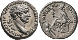 CILICIA. Tarsus. Hadrian, 117-138. Tridrachm (Silver, 23 mm, 10.41 g, 1 h). ΑΥΤ ΚΑΙ ΘΕ ΤΡA ΠΑΡ ΥΙ ΘΕ ΝΕΡ ΥΙ ΤΡΑ ΑΔΡΙΑΝΟϹ ϹE Laureate head of Hadrian t...