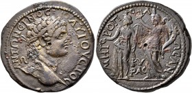 GALATIA. Ancyra. Caracalla, 198-217. Tetrassarion (Orichalcum, 31 mm, 17.40 g, 1 h). ANTΩNЄINOC AYΓΟΥCΤΟC Laureate head of Caracalla to right. Rev. MH...
