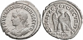 SYRIA, Seleucis and Pieria. Antioch. Philip II, 247-249. Tetradrachm (Billon, 26 mm, 11.61 g, 7 h), 247. ΑΥΤΟΚ Κ Μ ΙΟΥΛΙ ΦΙΛΙΠΠΟC CЄΒ Laureate, draped...
