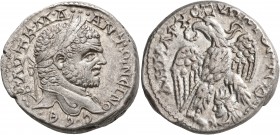SYRIA, Seleucis and Pieria. Emesa. Caracalla, 198-217. Tetradrachm (Billon, 27 mm, 12.67 g, 12 h), 215-217. ΑΥΤ•Κ•Μ•Α•••ΑΝΤΩΝЄΙΝΟC•CЄ•Β Laureate head ...