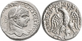 SYRIA, Seleucis and Pieria. Emesa. Caracalla, 198-217. Tetradrachm (Billon, 25 mm, 14.29 g, 12 h), 215-217. ΑΥΤ Κ Μ ΑΝ•••ΤωΝЄΙΝΟC CЄΒ Laureate head of...