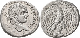 SYRIA, Seleucis and Pieria. Emesa. Caracalla, 198-217. Tetradrachm (Billon, 26 mm, 13.40 g, 7 h), 215-217. [AY]T K M•ANTωNЄINOC CЄ•Β Laureate head of ...