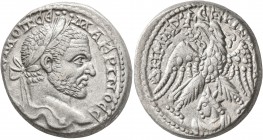 SYRIA, Seleucis and Pieria. Emesa. Macrinus, 217-218. Tetradrachm (Billon, 26 mm, 15.88 g, 1 h). [AYT] K M OΠ CЄ•••MAKPINOC C[ЄB] Laureate head of Mac...