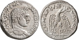 SYRIA, Seleucis and Pieria. Seleucia Pieria. Caracalla, 198-217. Tetradrachm (Billon, 25 mm, 13.60 g, 12 h), 215-217. ΑΥΤ•Κ•Μ•Α••ΑΝΤΩΝЄΙΝΟC C[Є]Β Laur...