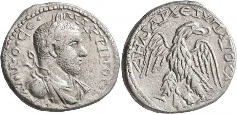 PHOENICIA. Aradus. Macrinus, 217-218. Tetradrachm (Billon, 27 mm, 13.20 g, 1 h)....