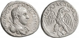 PHOENICIA. Aradus. Macrinus, 217-218. Tetradrachm (Billon, 27 mm, 13.20 g, 1 h). A[YT] KΑΙ•M•Ο•CЄ MAKPINOC C Laureate and draped bust of Macrinus to r...