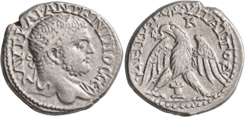 PHOENICIA. Byblus. Caracalla, 198-217. Tetradrachm (Billon, 26 mm, 13.12 g, 1 h)...