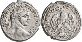PHOENICIA. Sidon. Caracalla, 198-217. Tetradrachm (Billon, 27 mm, 13.14 g, 1 h), 215-217. ΑΥΤ ΚΑΙ ΑΝΤωΝΙΝΟC CЄ Laureate head of Caracalla to right. Re...