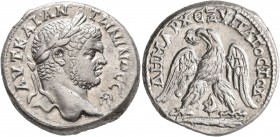 PHOENICIA. Tyre. Caracalla, 198-217. Tetradrachm (Silver, 27 mm, 15.56 g, 12 h), 213-217. ΑΥΤ•ΚΑΙ•ΑΝΤⲰΝΙΝΟC CЄ• Laureate head of Caracalla to right. R...