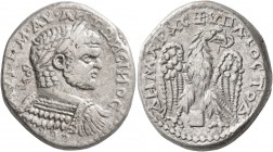 MESOPOTAMIA. Edessa. Caracalla, 198-217. Tetradrachm (Billon, 26 mm, 13.39 g, 1 h), 215-217. ΑΥΤ•Κ•Μ•ΑΥ•ΑИΤΩИЄΙИΟC CЄΒ Laureate and cuirassed bust of ...