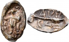 EGYPT. Uncertain. Gnostic Amulet (Lead, 16 mm, 1.84 g, 3 h), circa 2nd-4th century. Abrasax facing, with the head of a rooster and snakes for legs, ho...