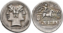 Anonymous, circa 225-214 BC. Quadrigatus - Didrachm (Silver, 25 mm, 6.61 g, 6 h), Rome. Laureate head of Janus. Rev. ROMA (incuse on raised tablet) Ju...