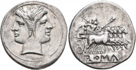 Anonymous, circa 225-214 BC. Quadrigatus - Didrachm (Silver, 24 mm, 6.68 g, 6 h), Rome. Laureate head of Janus. Rev. ROMA (incuse on raised tablet) Ju...