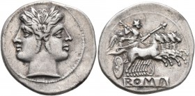 Anonymous, circa 225-214 BC. Quadrigatus - Didrachm (Silver, 23 mm, 6.73 g, 6 h), Rome. Laureate head of Janus. Rev. ROMA (incuse on raised tablet) Ju...