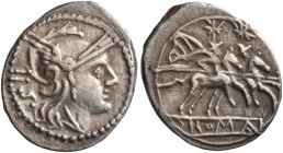 Anonymous, circa 211-208 BC. Sestertius (Silver, 14 mm, 1.00 g, 1 h), Rome. Head of Roma to right, wearing winged helmet; behind, IIS. Rev. ROMA The D...