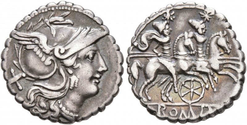 Anonymous, circa 209-208 BC. Denarius (Silver, 19 mm, 4.09 g, 8 h), Six-spoked w...
