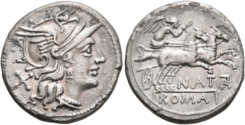 Pinarius Natta, 149 BC. Denarius (Silver, 18 mm, 3.56 g, 6 h), Rome. Head of Rom...