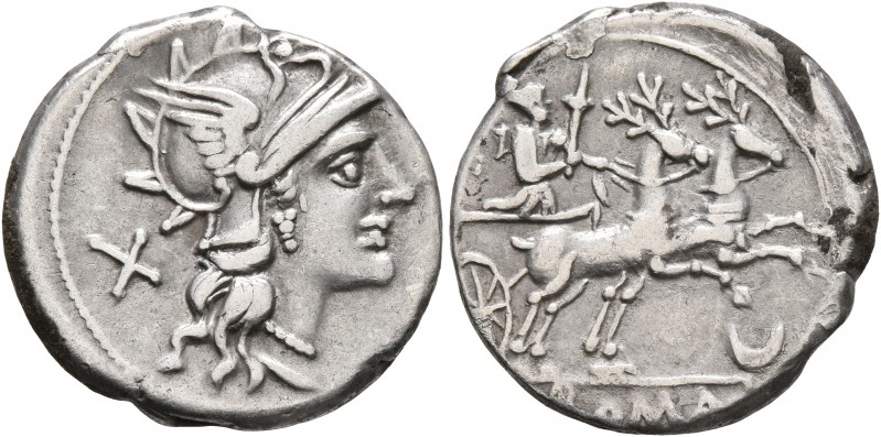 Anonymous, 143 BC. Denarius (Silver, 19 mm, 3.70 g, 2 h), Rome. Head of Roma to ...