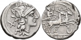 Anonymous, 143 BC. Denarius (Silver, 19 mm, 3.70 g, 2 h), Rome. Head of Roma to right, wearing winged helmet; behind, X (mark of value). Rev. ROMA Dia...