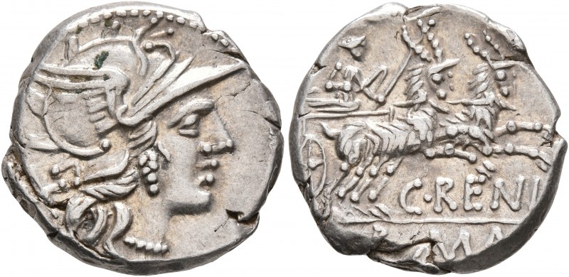 C. Renius, 138 BC. Denarius (Silver, 17 mm, 3.69 g, 9 h), Rome. Head of Roma to ...