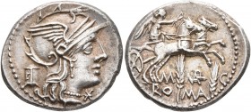 M. Marcius Mn.f, 134 BC. Denarius (Silver, 20 mm, 3.92 g, 1 h), Rome. Head of Roma to right, wearing winged helmet, triple pendant earring and pearl n...