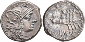 P. Maenius Antiacus M.f, 132 BC. Denarius (Silver, 19 mm, 4.00 g, 3 h), Rome. Head of Roma to right, wearing winged helmet; before, star (mark of valu...