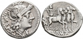 Q. Caecilius Metellus, 130 BC. Denarius (Silver, 18 mm, 3.57 g, 7 h), Rome. Q• ME TE Helmeted head of Roma to right; below her chin, star (mark of val...