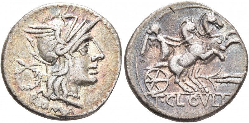 T. Cloelius, 128 BC. Denarius (Silver, 20 mm, 3.92 g, 7 h), Rome. ROMA Head of R...