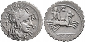 Cn. Domitius Ahenobarbus, 116-115 BC. Denarius (Silver, 19 mm, 3.16 g, 3 h), with L. Licinius Crassus, Narbo. L•PO Σ ΓONI•CNF Head of Roma, wearing wi...