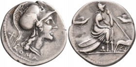 Anonymous, 115-114 BC. Denarius (Silver, 20 mm, 3.84 g, 3 h), Rome. ROMA Head of Roma to right, wearing crested Attic helmet; behind, X (mark of value...