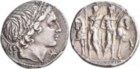 L. Memmius, 109-108 BC. Denarius (Silver, 18 mm, 3.83 g, 7 h), Rome. Male head to right, wearing wreath of oak; below chin, ✱ (mark of value). Rev. L•...