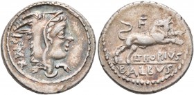 L. Thorius Balbus, 105 BC. Denarius (Silver, 19 mm, 4.00 g, 4 h), Rome. I•S•M•R Head of Juno Sospita to right, wearing goat-skin headdress. Rev. L•THO...