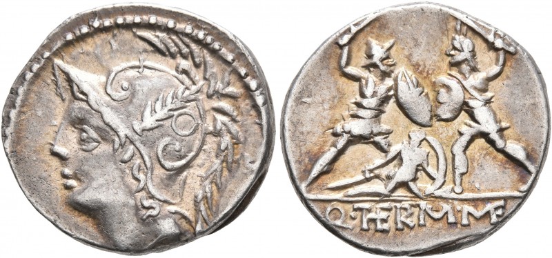 Q. Thermus M.f, 103 BC. Denarius (Silver, 19 mm, 3.89 g, 1 h), Rome. Helmeted he...