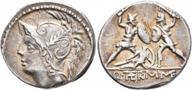 Q. Thermus M.f, 103 BC. Denarius (Silver, 19 mm, 3.89 g, 1 h), Rome. Helmeted head of Mars to left. Rev. Q• THE RM• MF Two warriors fighting, each arm...