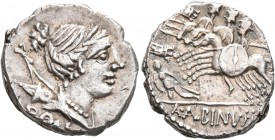 A. Albinus Sp.f, 96 BC. Denarius (Silver, 18 mm, 3.91 g, 3 h), Rome. ROMA Draped bust of Diana to right, with bow and quiver over her shoulder. Rev. A...