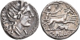 C. Allius Bala, 92 BC. Denarius (Silver, 16 mm, 3.84 g, 2 h), Rome. BALA Diademed female head (of Diana?) to right; before, P. Rev. C•ALLI Diana drivi...