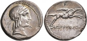 L. Calpurnius Piso Frugi, 90 BC. Denarius (Silver, 18 mm, 4.00 g, 1 h), Rome. Laureate head of Apollo to right; behind, control mark. Rev. L PISO FRVG...