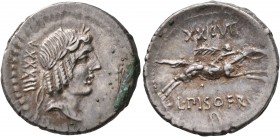 L. Calpurnius Piso Frugi, 90 BC. Denarius (Silver, 20 mm, 3.93 g, 8 h), Rome. Laureate head of Apollo to right; behind [...]XXXIII. Rev. L•PISO•FRV[GI...