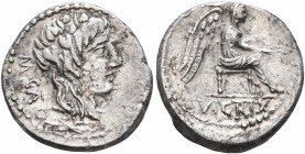 M. Cato, 89 BC. Quinarius (Silver, 14 mm, 1.88 g, 1 h), Rome. M•CATO Head of Liber with long hair to right, wearing wreath of ivy and fruit; below, un...