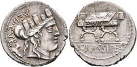 P. Furius Crassipes, 84 BC. Denarius (Silver, 20 mm, 3.82 g, 1 h), Rome. AED•CVR Turreted head of Cybele to right; behind, foot downwards. Rev. Curule...