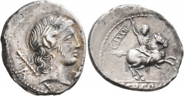 Pub. Crepusius, 82 BC. Denarius (Silver, 18 mm, 3.41 g, 2 h), Rome. Laureate head of Apollo to right with scepter and A behind; before, crab. Rev. P•C...