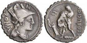 C. Poblicius Q.f, 80 BC. Denarius (Silver, 19 mm, 3.72 g, 4 h), Rome. ROMA - N Helmeted and draped bust of Roma to right. Rev. C•POBLICI•Q•F - N Hercu...